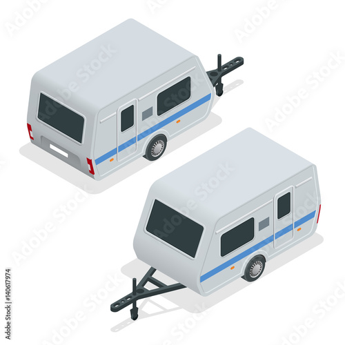 Isometric Camping trailer on road. Travel concept. Recreational vehicles.