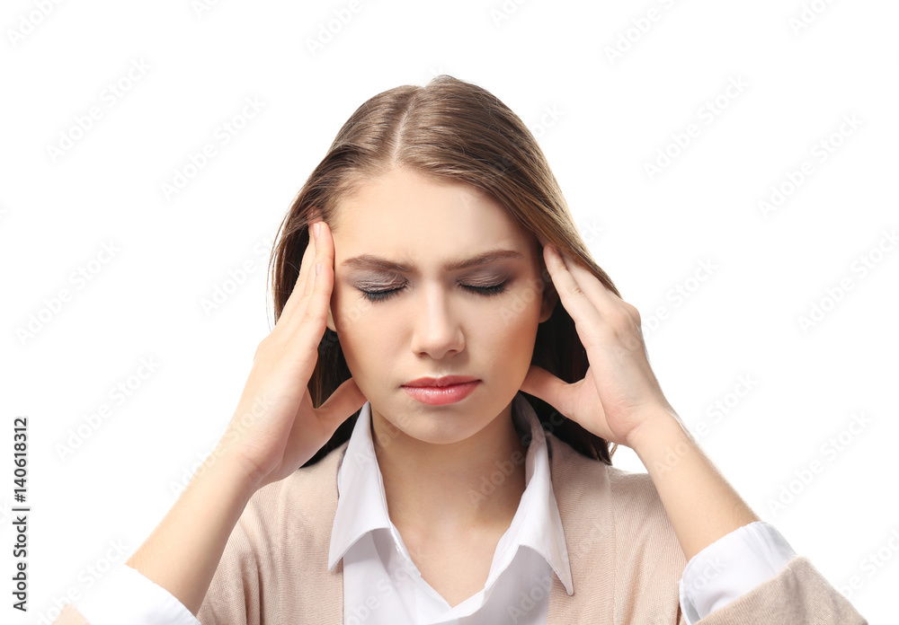 Beautiful young woman suffering from headache on white background Beautiful young woman suffering from headache on white background
