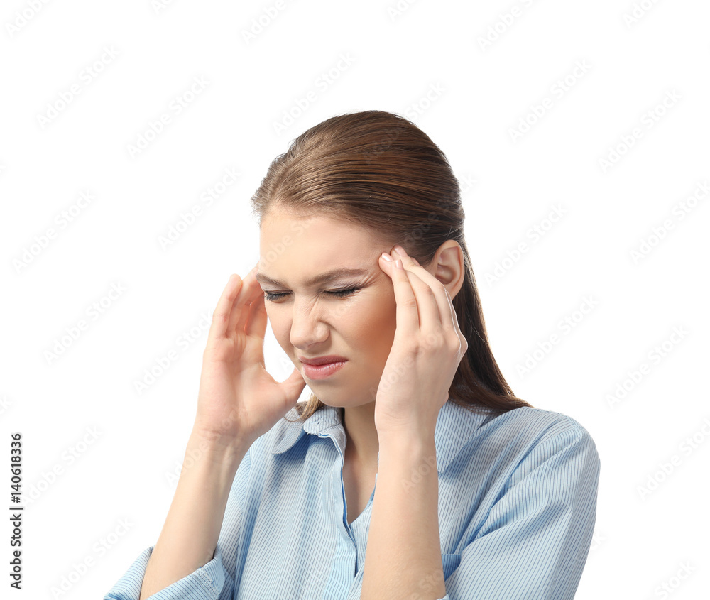 Beautiful young woman suffering from headache on white background Beautiful young woman suffering from headache on white background