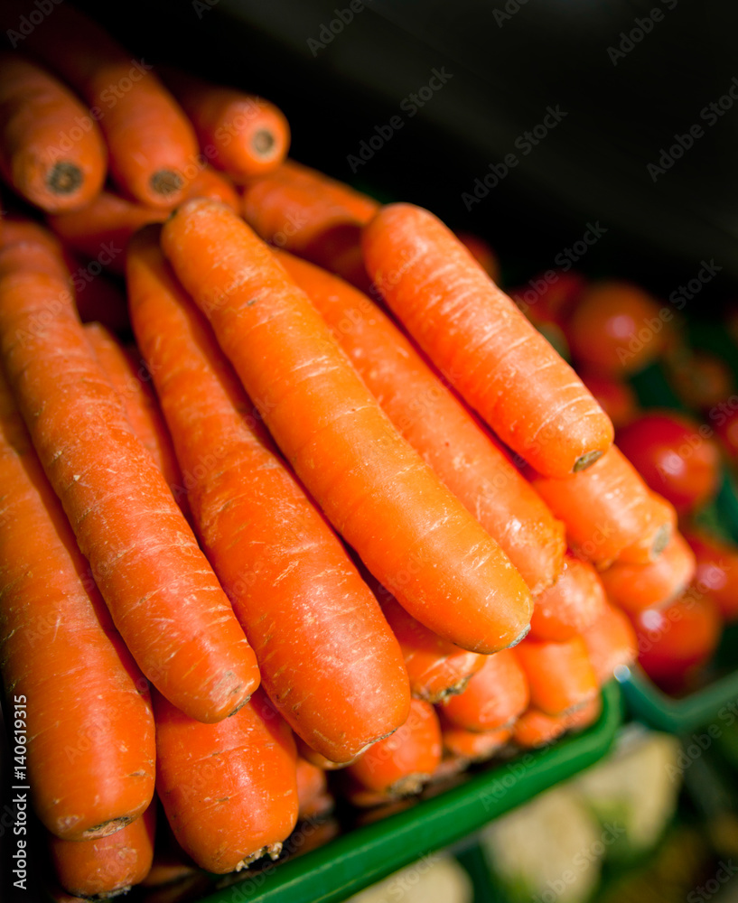 Close-up of fresh carrots in supermarket