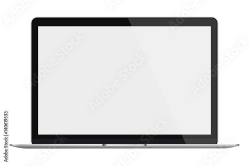 Modern glossy laptop with blank screen isolated on white background. 3D Illustration.