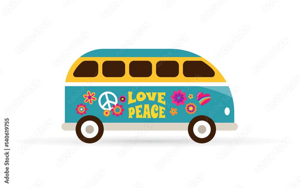 Hippie, bohemian blue van - love and peace