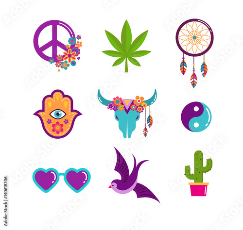 Hippie, bohemian design with icons set, stickers, pins, art fashion chic patches and badges