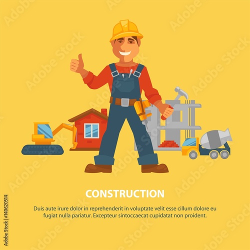 Construction and house building worker equipment vector poster