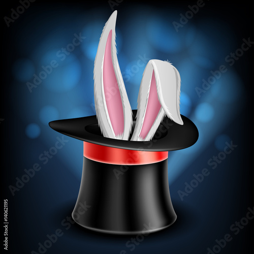 Magician top hat with fluffy rabbit ears, on blue glow background