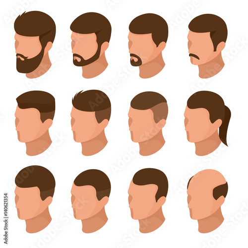 Isometric Businessman or male person character creation set. Collection of of men's hairstyles, hipster style isolation. Side view front of businessman. Vector elements for character animation