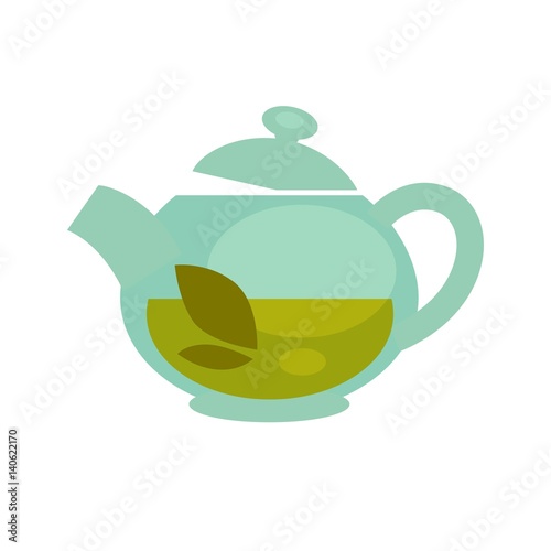 Glass teapot with brewed green tea leaf vector flat icon