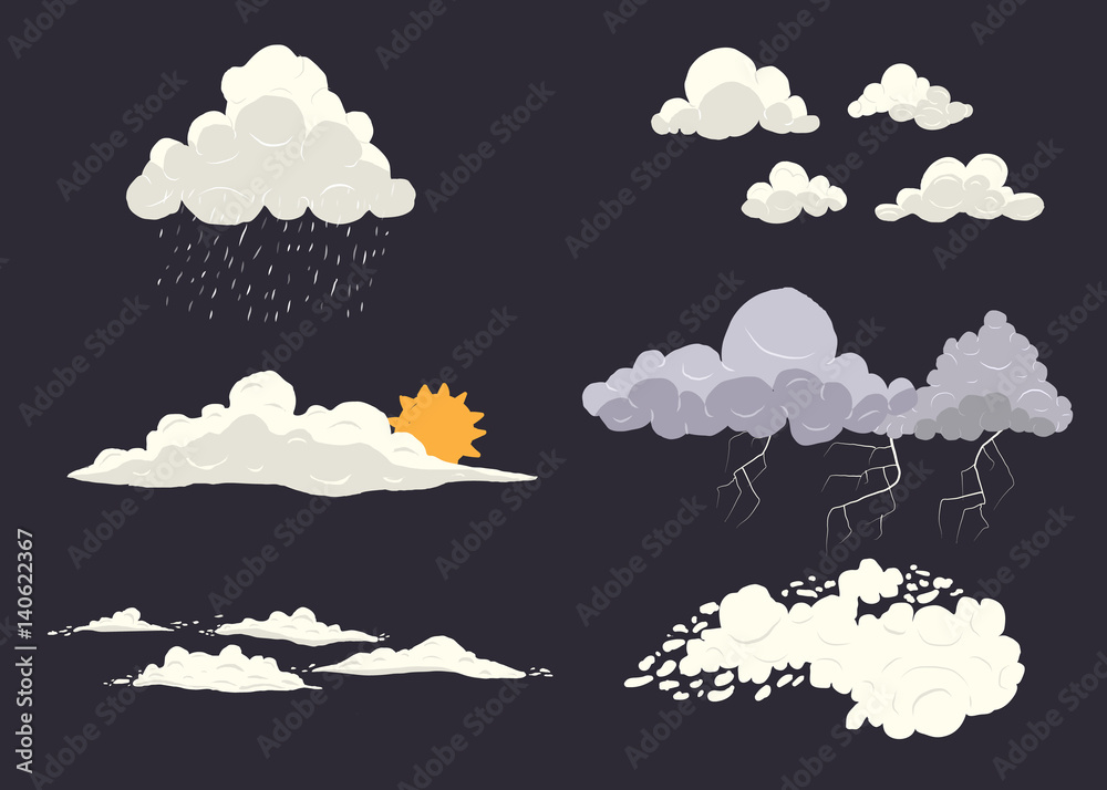 Cloud types vector set isolated on dark background with different ...