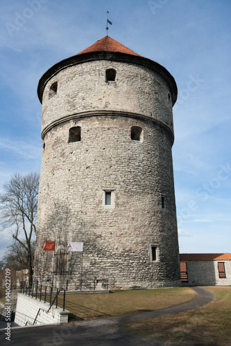 Low angle view of medieval tower, Tallinn, Estonia, Europe
