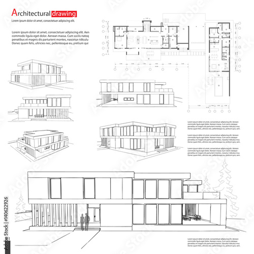 Blueprint drawing of 3D building. Vector architectural template background. EPS10