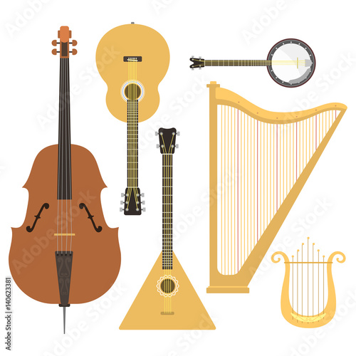 Set of stringed musical instruments classical orchestra art sound tool and acoustic symphony stringed fiddle wooden equipment vector illustration