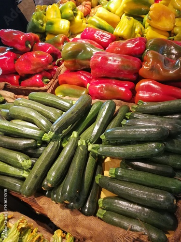 Fresh vegetables on market stall: fennel, radicchio and salad
