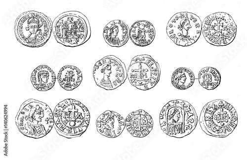 Vintage engraving of medieval coins of the Merovingian dinasty, V century, mixed metals