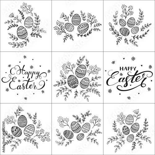 Set of lettering Happy Easter and decorative eggs