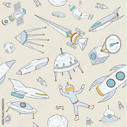 Hand drawn doodle astronomy seamless pattern. Background with space objects, planets,shuttles, rockets, satellites and cosmonaut. Colorful.