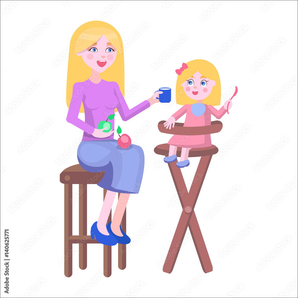 Mother Feeds Daughter Holds Spoon on Highchair Mother Feeds Daughter Holds Spoon on Highchair