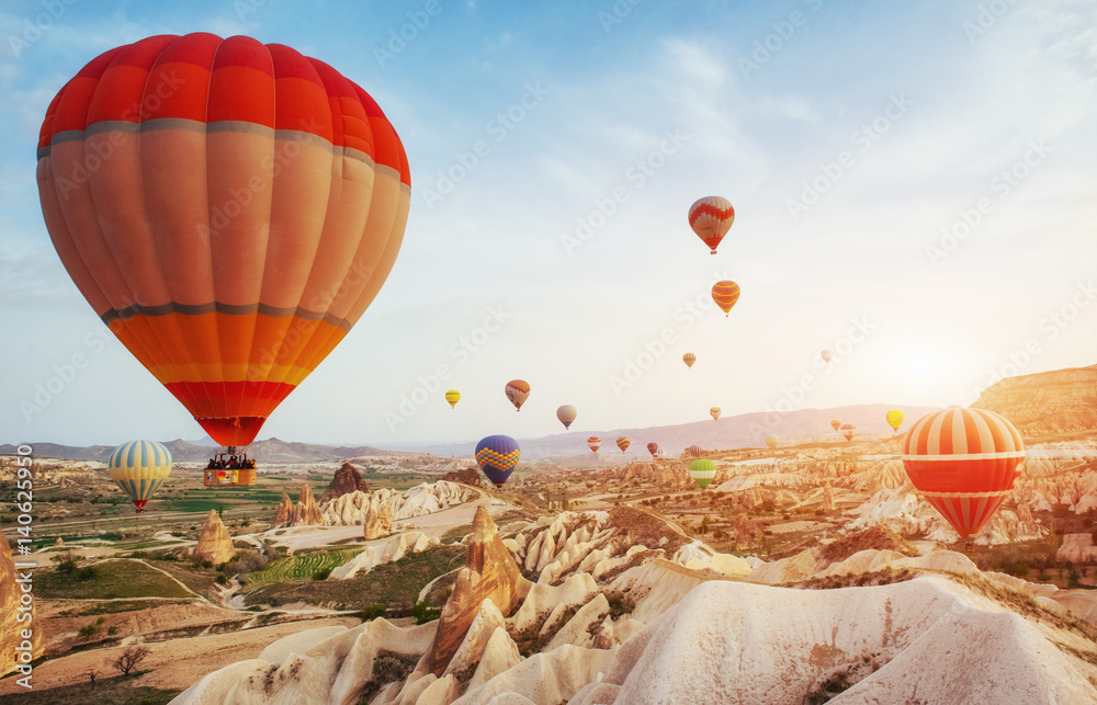 Fototapeta premium Hot air balloon flying over rock landscape at Turkey. Cappadocia