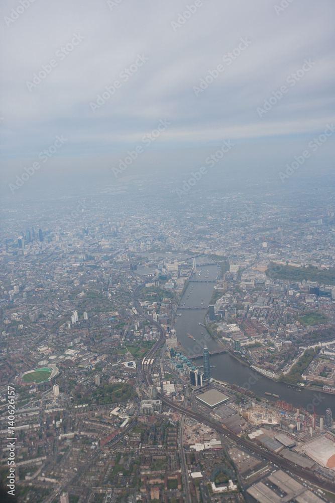Aerial view of city and River Thames, London, UK