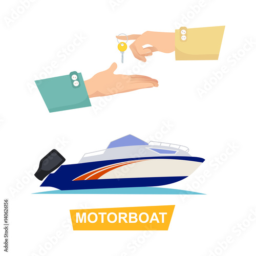 Buying Blue Speed Motorboat on White Background. photo