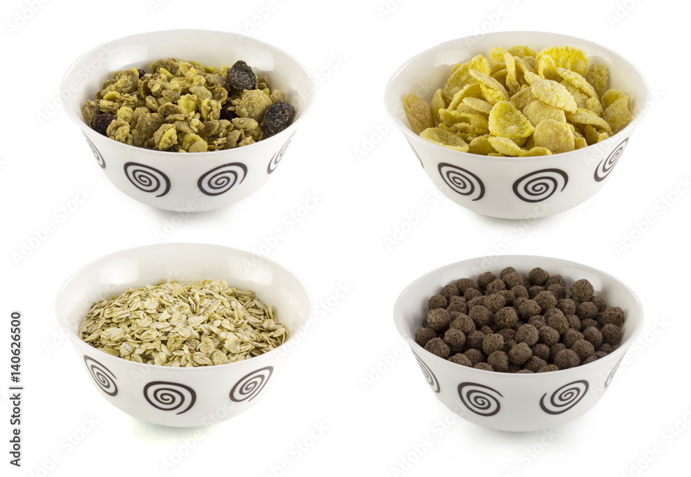 Bowls of various cereals isolated on white background Bowls of various cereals isolated on white background