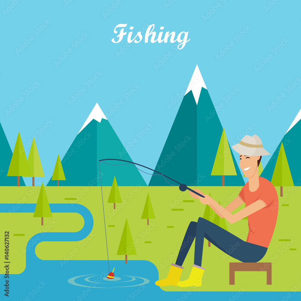 Fishing and Camping Concept. Young Fisherman Fishing and Camping Concept. Young Fisherman