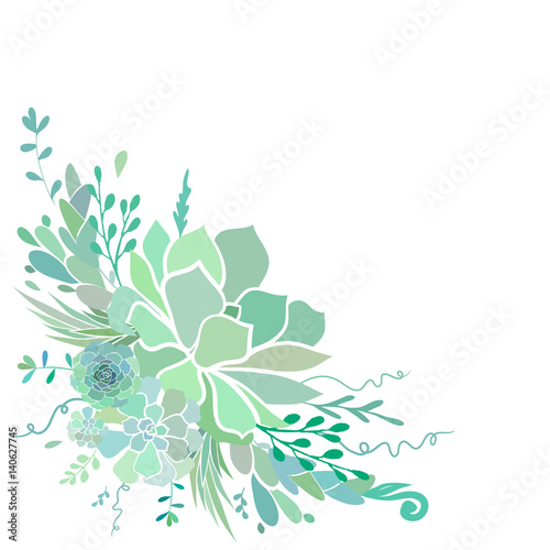Beautiful floral corner frame with succulents isolated on white. Vector illustration.