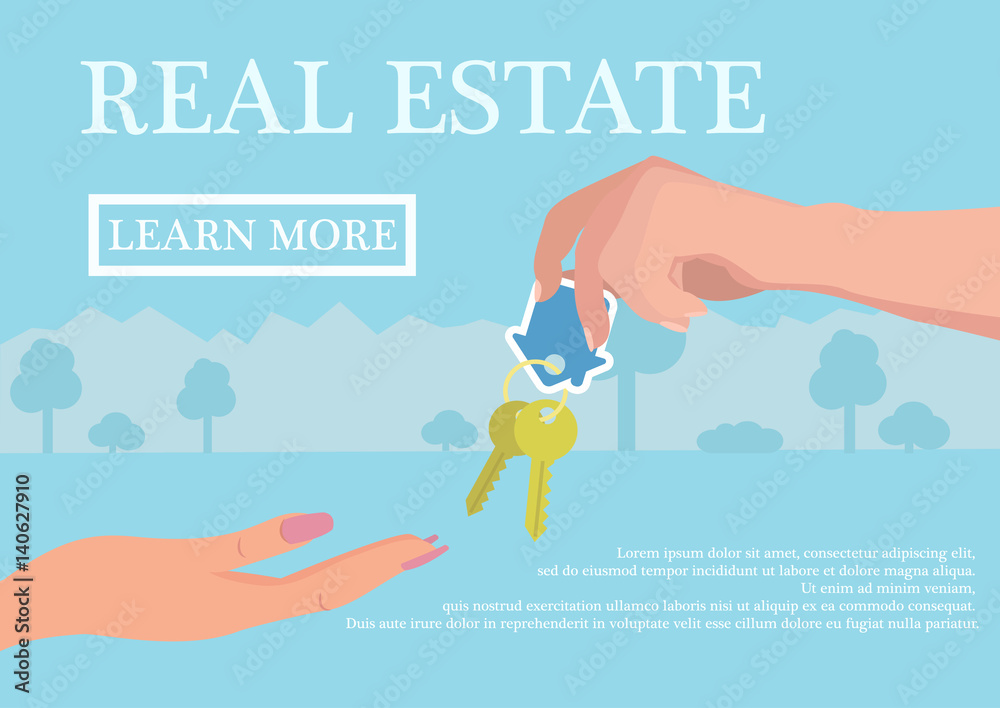 Vector real estate concept in flat style - businessmans hand giving ...