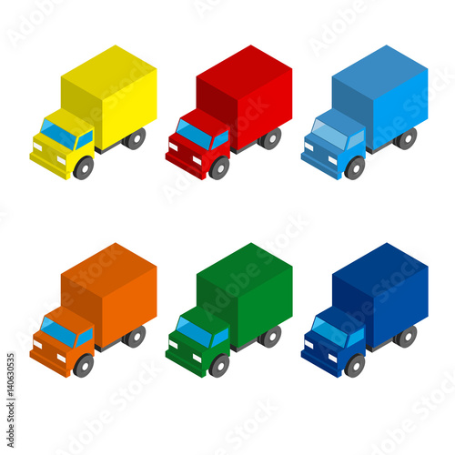 Set of colored isometric 3d cargo trucks. Cartoon cars. Toy transport icons for infographics