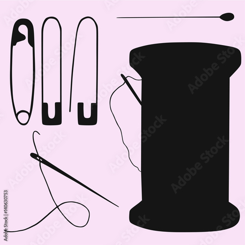 needle, pin, reel with thread and needle silhouette 