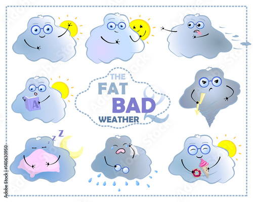 Cartoon character cloud with sun. Fat bad weather character.