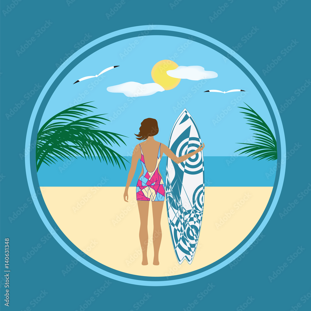 Travel poster surfer sea sun gull art creative modern vector illustration Travel poster surfer sea sun gull art creative modern vector illustration