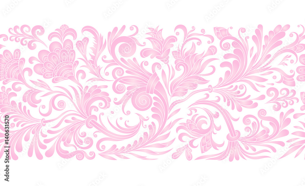 Vintage floral baroque seamless border with blooming magnolias, rose and twigs, roses vector illustration, flower pattern