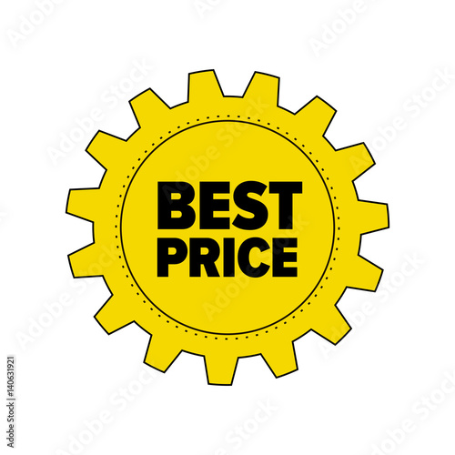 Yellow cartoon gear with words 'Best Price' isolated on white background. Discount tag for industrial companies, car shops. Cogwheel label for parts stores. Vector design element