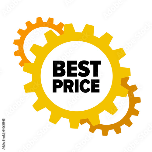 Yellow and orange cartoon gears with words 'Best Price' isolated on white background. Discount tag for industrial companies, car shops. Cogwheel label for parts stores. Vector design element