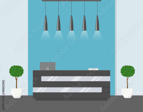 Reception in modern office. Business office, clinic or hotel interior in blue colors with flowers and reception desk.