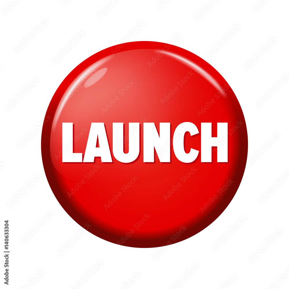 Glossy red round button with word 'Launch' on white background. Bright plastic circle. Realistic vector illustration Glossy red round button with word 'Launch' on white background. Bright plastic circle. Realistic vector illustration