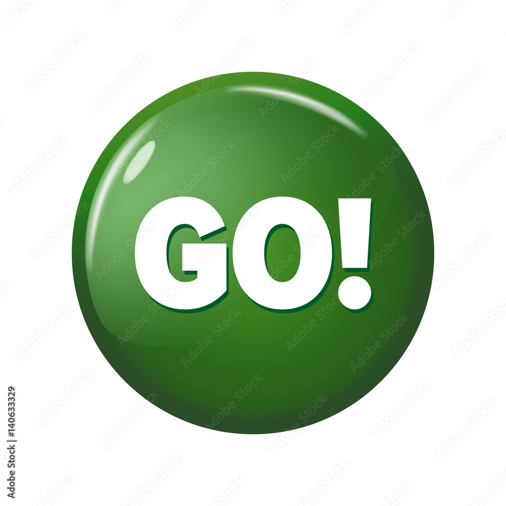 Glossy green round button with word 'Go!' on white background. Bright plastic circle calling for action. Realistic vector illustration. Glossy green round button with word 'Go!' on white background. Bright plastic circle calling for action. Realistic vector illustration.