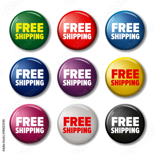 Set of colored round buttons with word 'Free Shipping'. Circle labels for new products in online shops. Design elements on white background with transparent shadow.