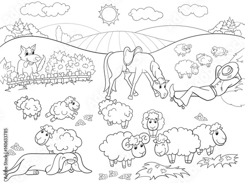 Pasture sheep with a shepherd and dog coloring for children cartoon vector illustration