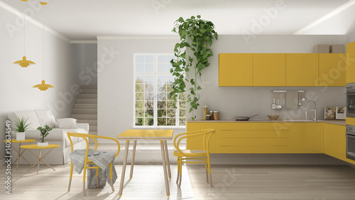 Scandinavian yellow minimalist living with kitchen, open space, one room apartment, modern interior design © ArchiVIZ