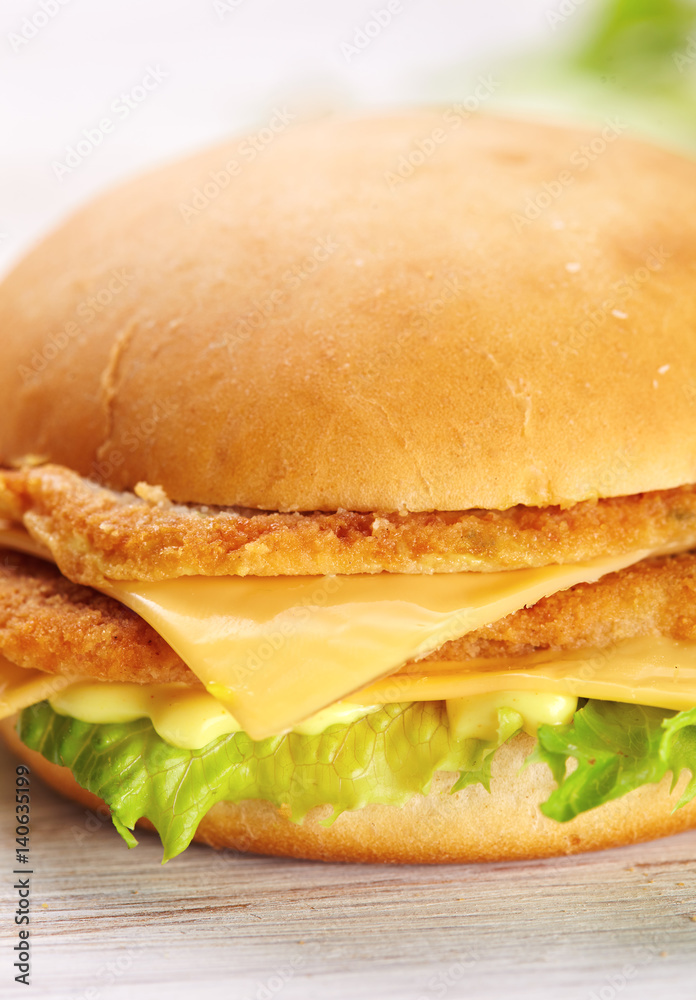 Big chicken hamburger against white backgroung Big chicken hamburger against white backgroung