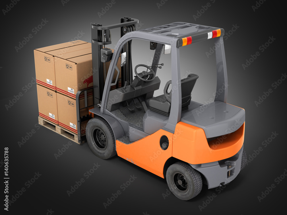 Forklift truck with boxes on pallet on black gradient background 3d