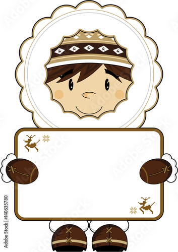 Cute Cartoon Inuit Boy with Sign