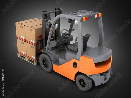 Forklift truck with boxes on pallet on black gradient background 3d