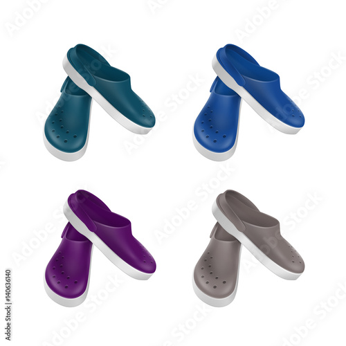 Vector Set of Colored Gray Blue Green Purple Medical Footwear Clogs Isolated on White Background