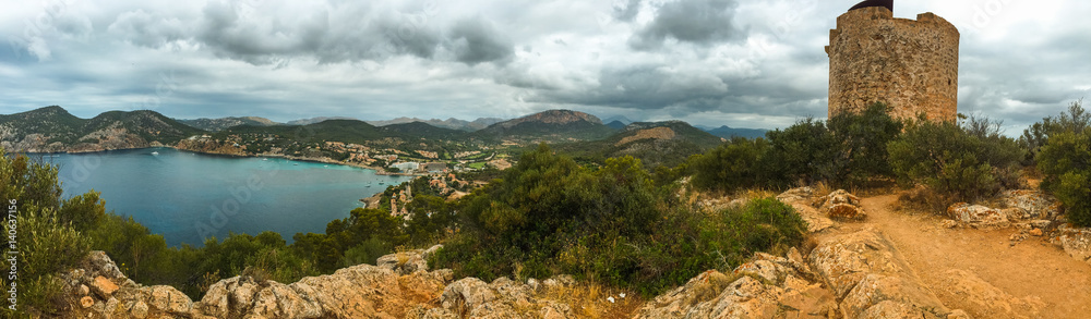 Panorama of landscape on mallorca with tower on the right