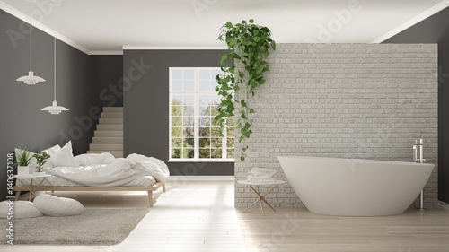 Scandinavian white minimalist bathroom and bedroom  open space  one room apartment  modern interior design