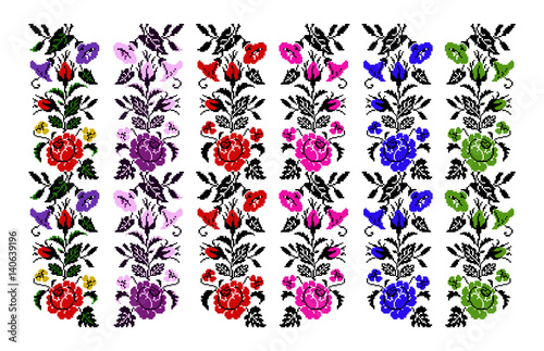 Set. Color bouquet of flowers (roses, bellflowers and pansies) using traditional Ukrainian embroidery elements.   Border  pattern. Can be used as pixel-art.