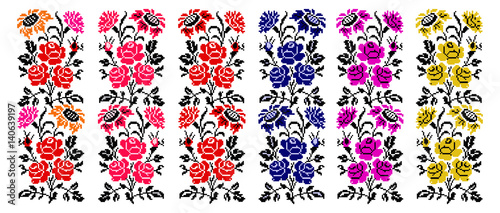 Set. Bouquet of flowers (roses, cloves and sunflowers) using traditional Ukrainian embroidery elements.  Border pattern. Can be used as pixel-art.