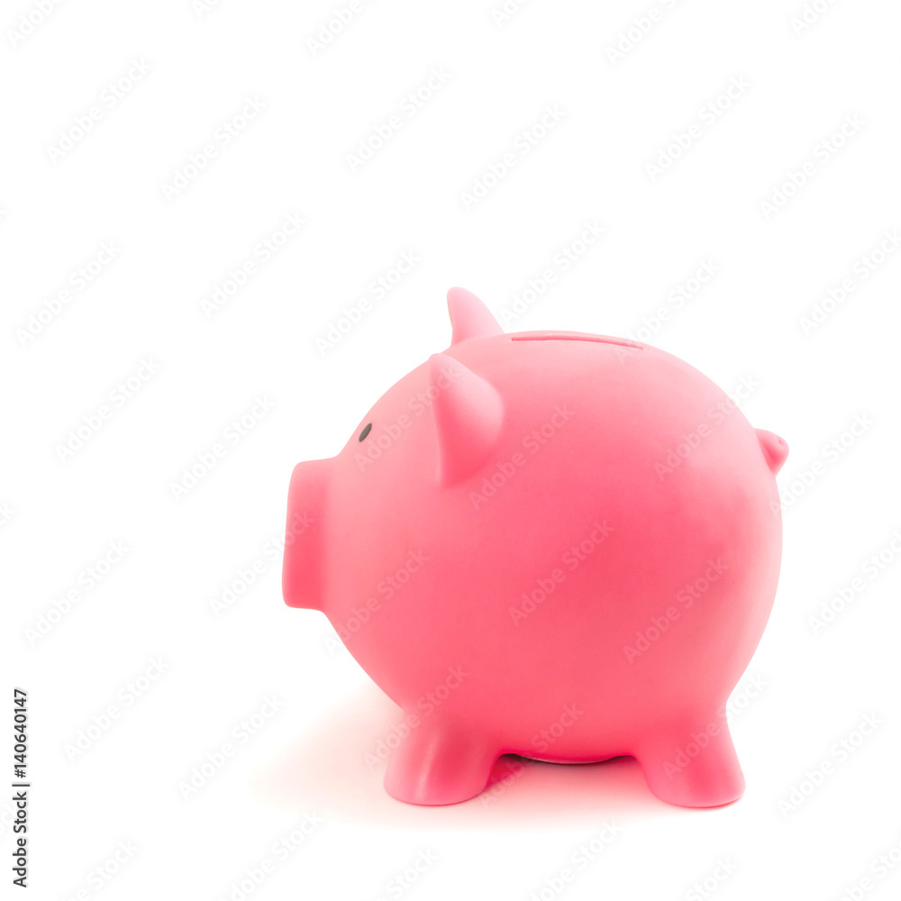 Pink piggy bank on white background. Side view Pink piggy bank on white background. Side view